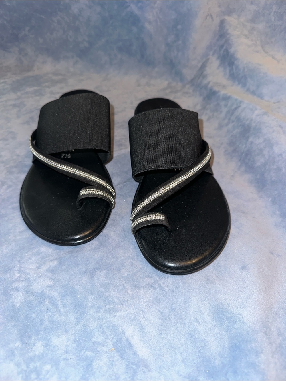 Black Slide Sandals with Silver Accent Strap - Women's Flats 7.5